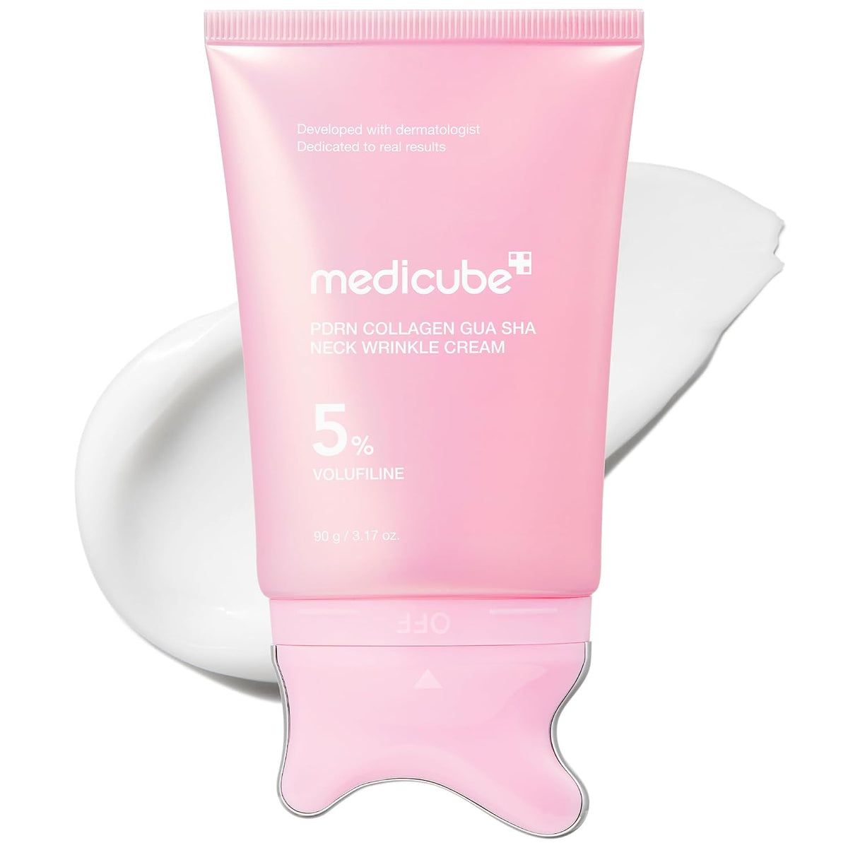 PDRN Collagen Gua Sha Neck Wrinkle Cream - Firming, Contour Care | Built-In Gua Sha Massager with Volufiline 5% - for the Look of Fine Lines, Jawline, Neck, Décolleté, Korean Skincare, 3.17 Oz
