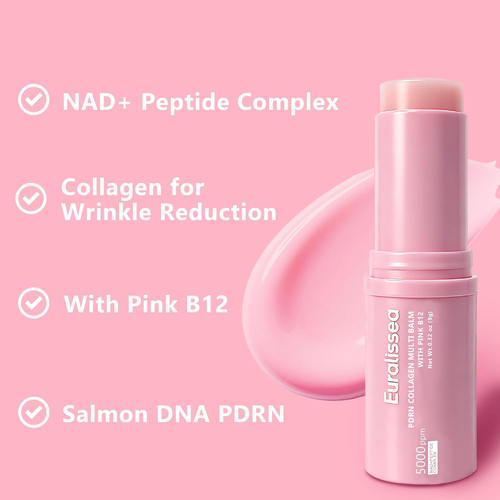 PDRN Collagen Multi Balm Stick & Eye Patches Set, Pink B12 & Caffeine under Eye Care, 0.32 Oz Balm + 60 Patches